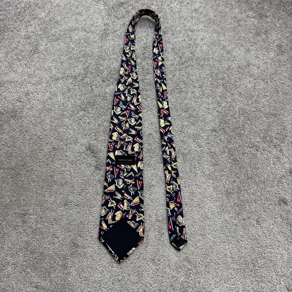 Structure Vintage 90s's Silk Necktie architech Drafting Tools Novelty Print Navy